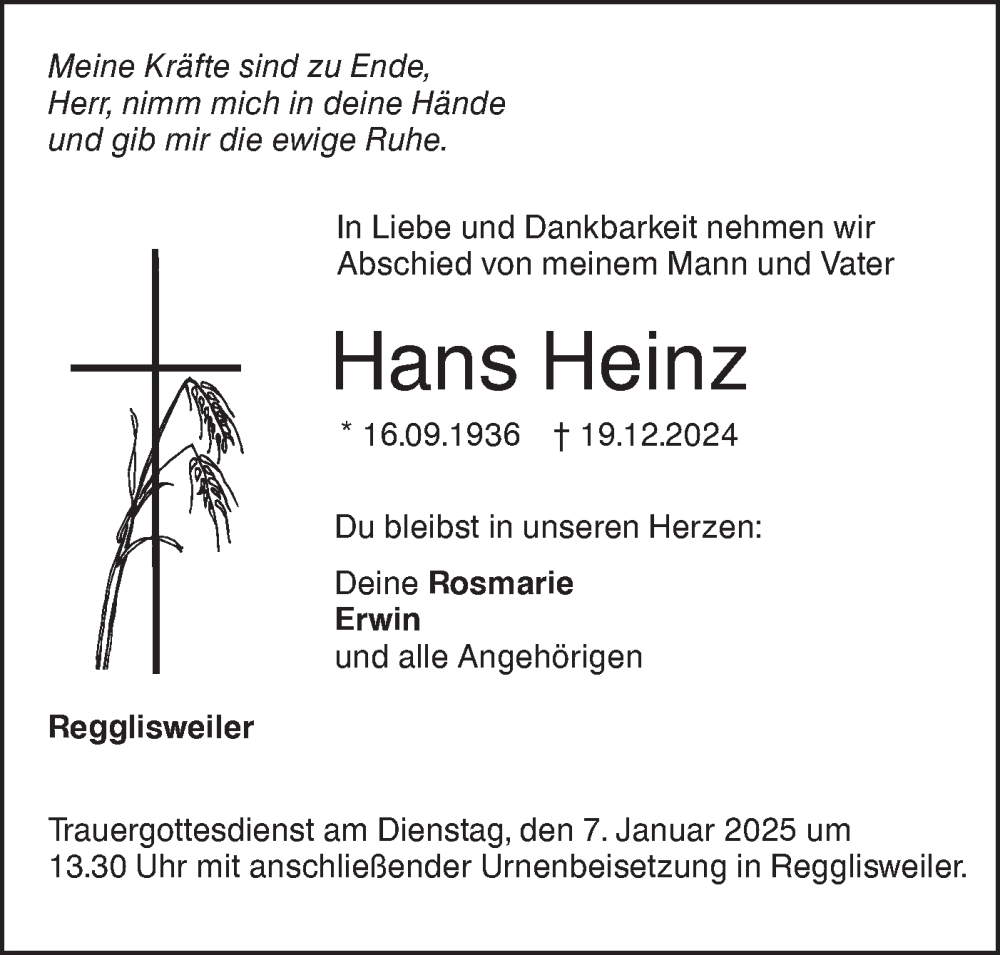  Traueranzeige für Hans Heinz vom 02.01.2025 aus SÜDWEST PRESSE Ausgabe Ulm/Neu-Ulm