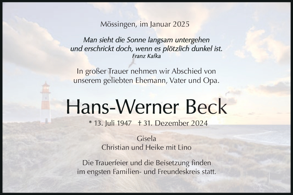  Traueranzeige für Hans-Werner Beck vom 04.01.2025 aus Schwäbische Tagblatt