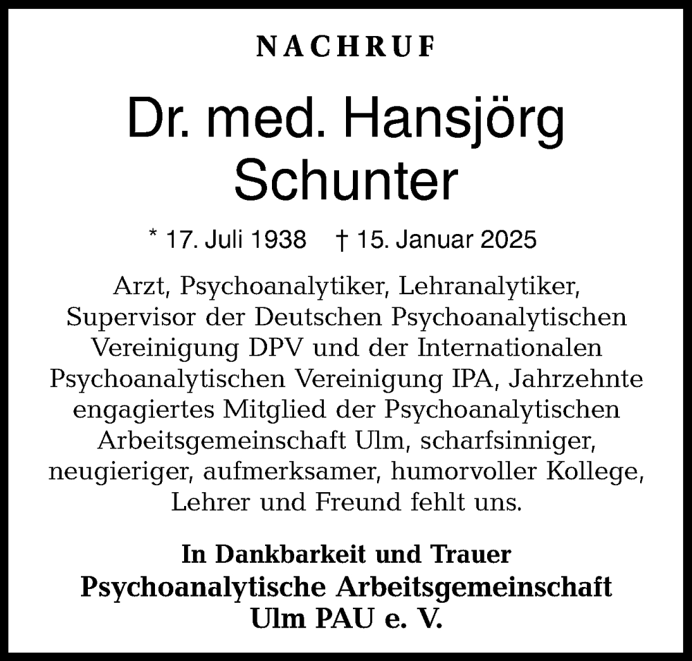  Traueranzeige für Hansjörg Schunter vom 25.01.2025 aus SÜDWEST PRESSE Ausgabe Ulm/Neu-Ulm