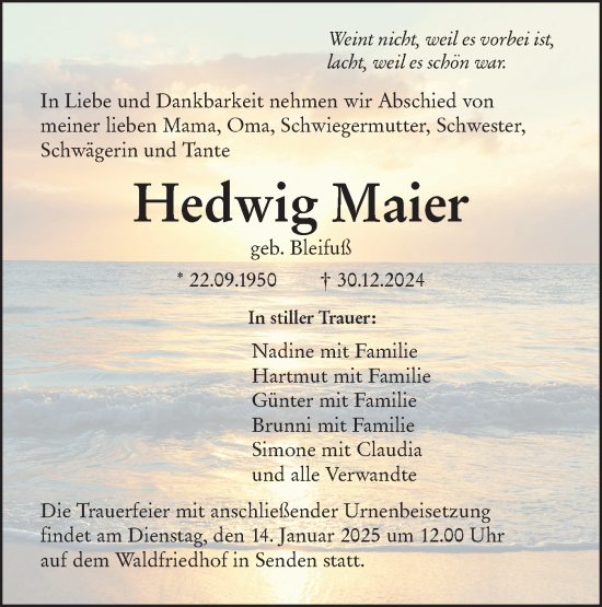 Traueranzeige von Hedwig Maier von SÜDWEST PRESSE Ausgabe Ulm/Neu-Ulm
