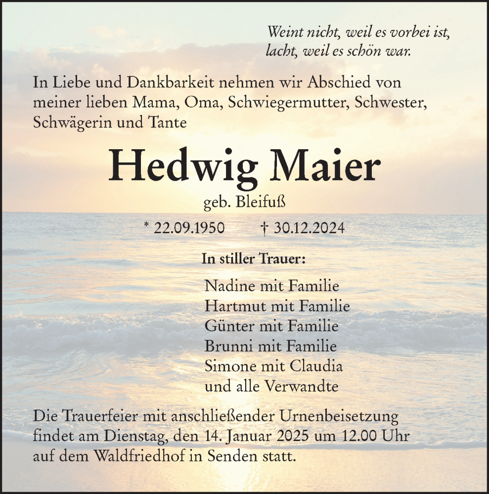  Traueranzeige für Hedwig Maier vom 09.01.2025 aus SÜDWEST PRESSE Ausgabe Ulm/Neu-Ulm
