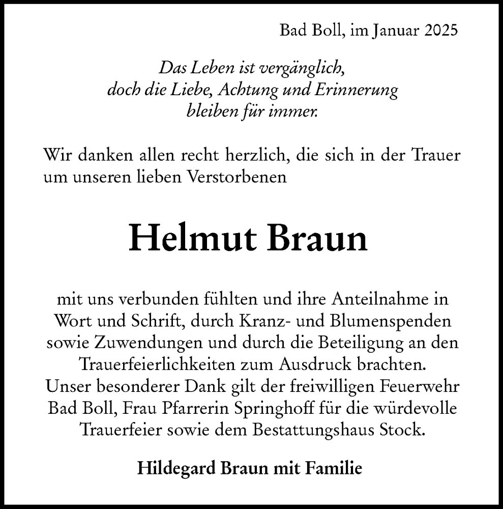  Traueranzeige für Helmut Braun vom 11.01.2025 aus NWZ Neue Württembergische Zeitung