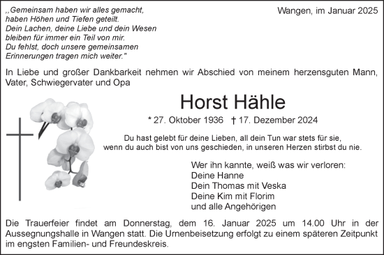 Traueranzeige von Horst Hähle von NWZ Neue Württembergische Zeitung