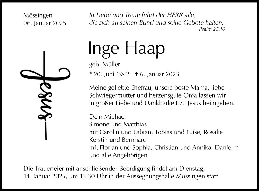  Traueranzeige für Inge Haap vom 09.01.2025 aus Schwäbische Tagblatt