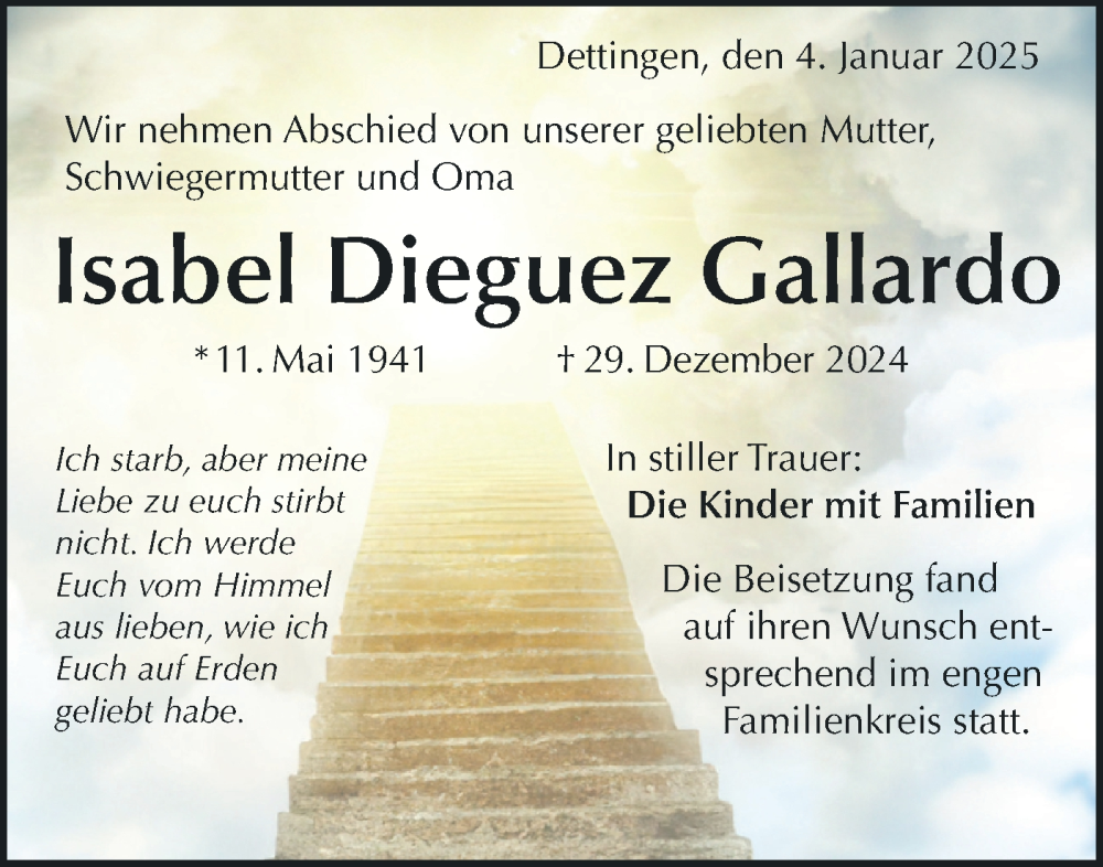  Traueranzeige für Isabel Dieguez Gallardo vom 04.01.2025 aus Alb-Bote/Metzinger-Uracher Volksblatt