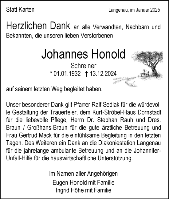 Traueranzeige von Johannes Honold von SÜDWEST PRESSE Ausgabe Ulm/Neu-Ulm