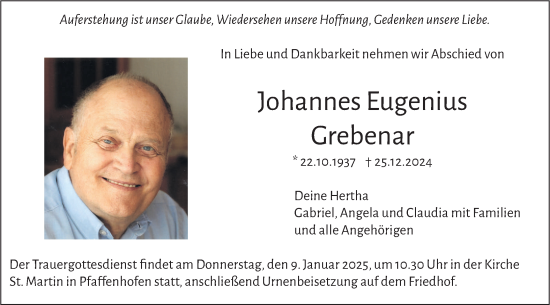 Traueranzeige von Johannes Eugenius Grebenar von SÜDWEST PRESSE Ausgabe Ulm/Neu-Ulm/Neu-Ulmer Zeitung