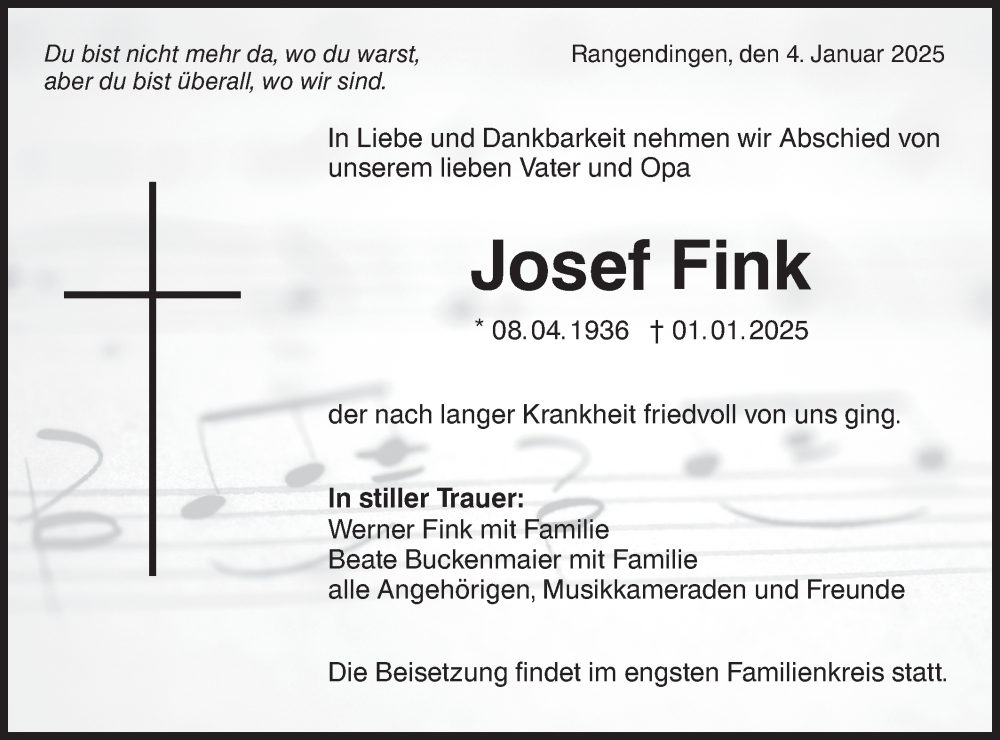  Traueranzeige für Josef Fink vom 04.01.2025 aus SÜDWEST PRESSE Zollernalbkreis/Hohenzollerische Zeitung