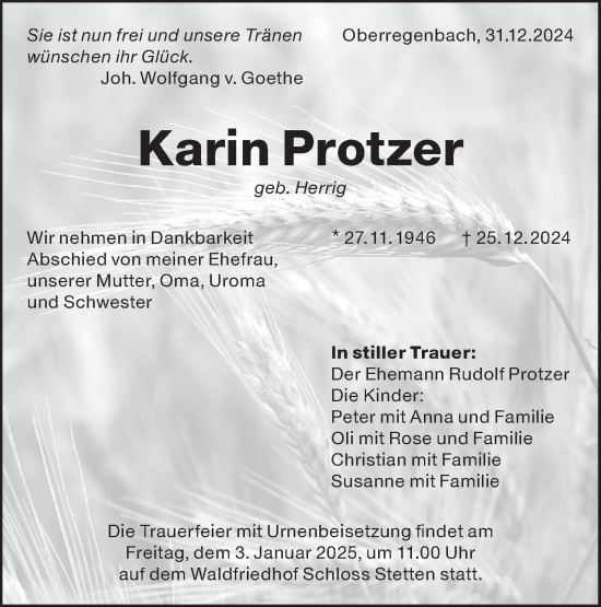 Traueranzeige von Karin Protzer von Hohenloher Tagblatt