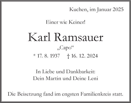 Traueranzeige von Karl Ramsauer von Geislinger Zeitung