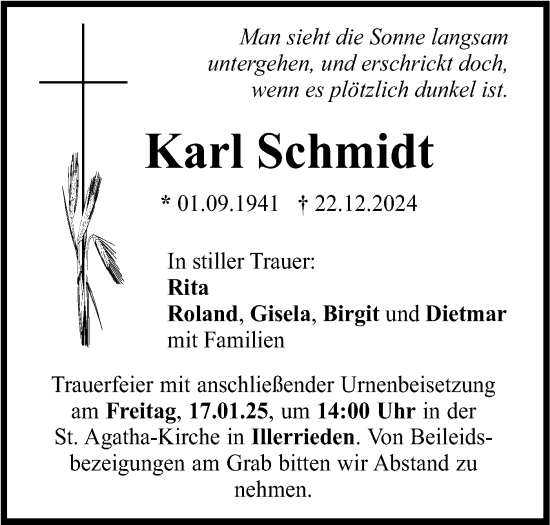 Traueranzeige von Karl Schmidt von SÜDWEST PRESSE Ausgabe Ulm/Neu-Ulm