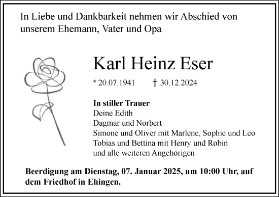 Traueranzeige von Karl Heinz Eser von Ehinger Tagblatt
