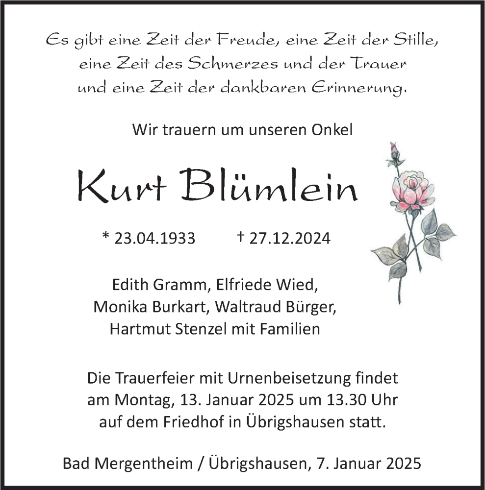  Traueranzeige für Kurt Blümlein vom 07.01.2025 aus Haller Tagblatt