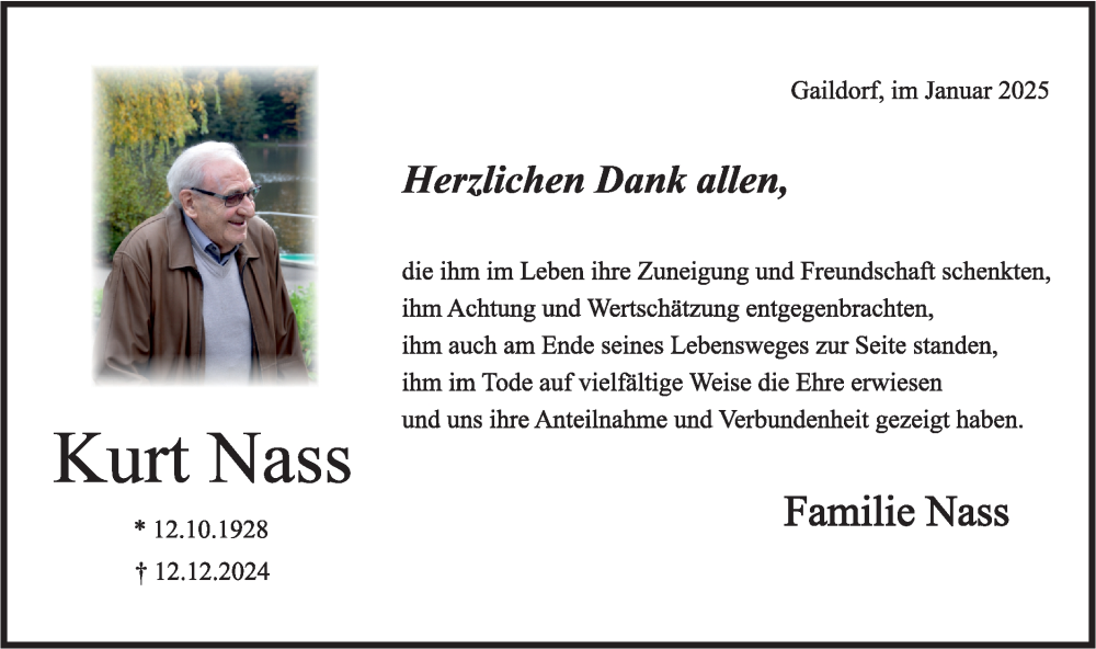  Traueranzeige für Kurt Nass vom 10.01.2025 aus Rundschau Gaildorf