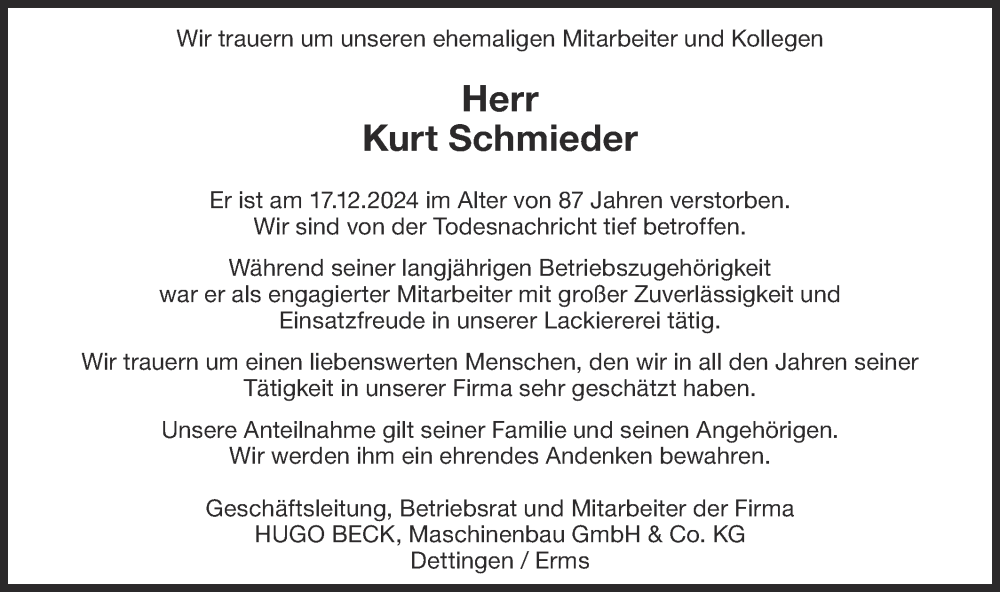  Traueranzeige für Kurt Schmieder vom 09.01.2025 aus Alb-Bote/Metzinger-Uracher Volksblatt