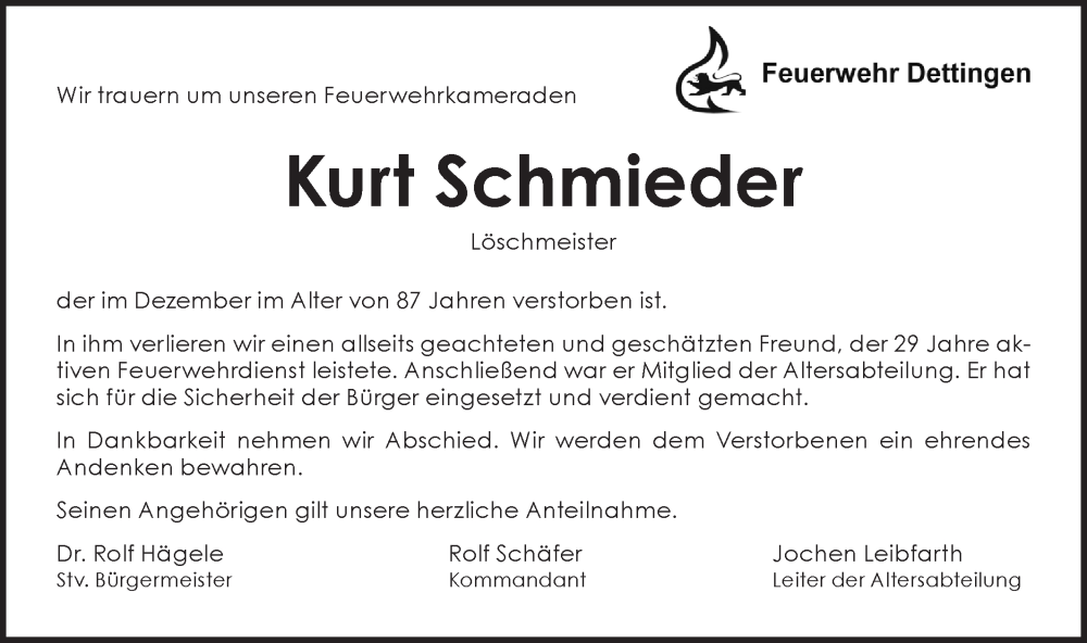  Traueranzeige für Kurt Schmieder vom 04.01.2025 aus Alb-Bote/Metzinger-Uracher Volksblatt