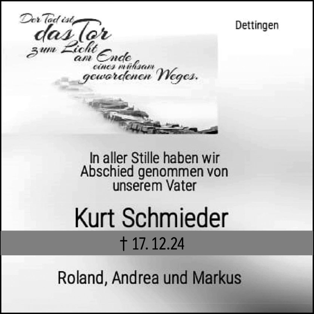  Traueranzeige für Kurt Schmieder vom 04.01.2025 aus Alb-Bote/Metzinger-Uracher Volksblatt