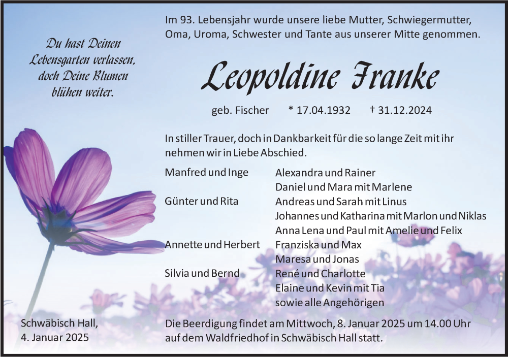 Traueranzeige für Leopoldine Franke vom 04.01.2025 aus Haller Tagblatt