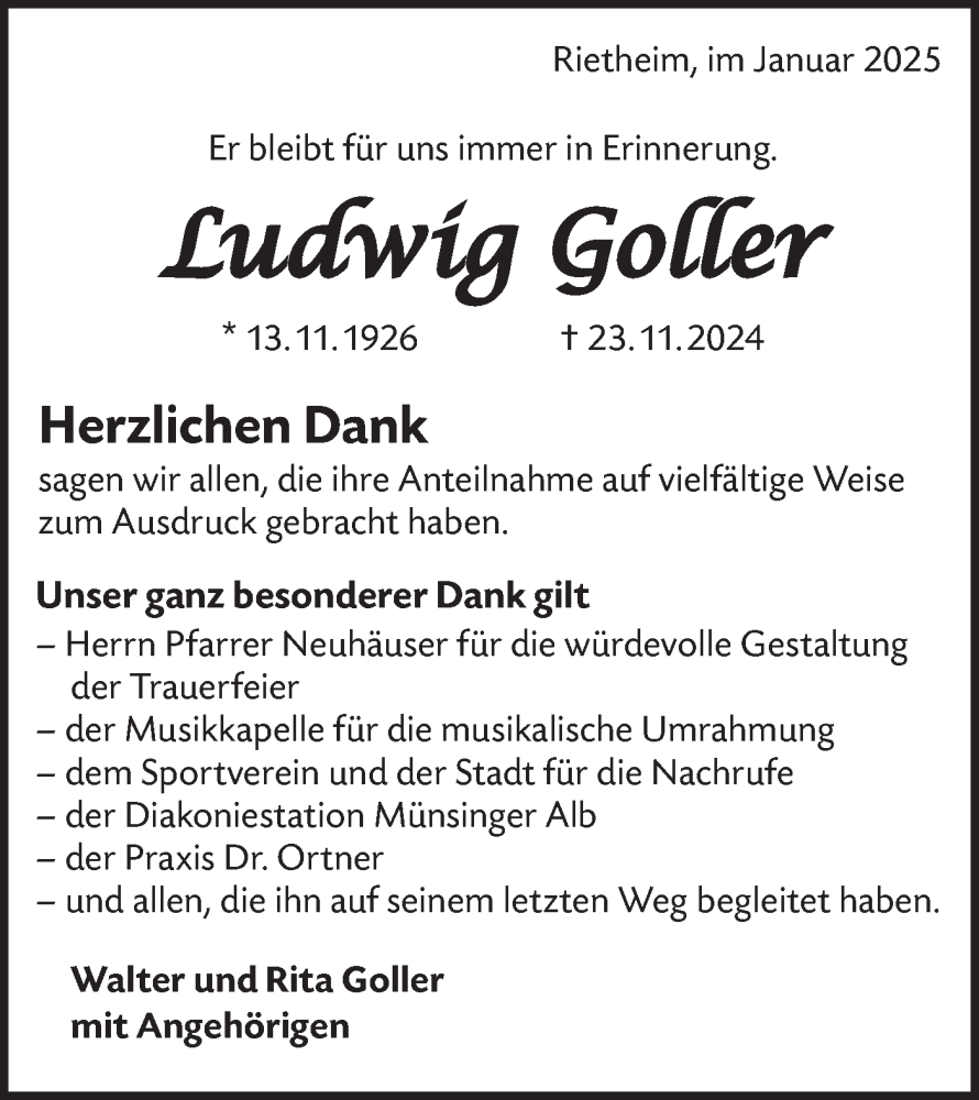  Traueranzeige für Ludwig Goller vom 11.01.2025 aus Alb-Bote/Metzinger-Uracher Volksblatt