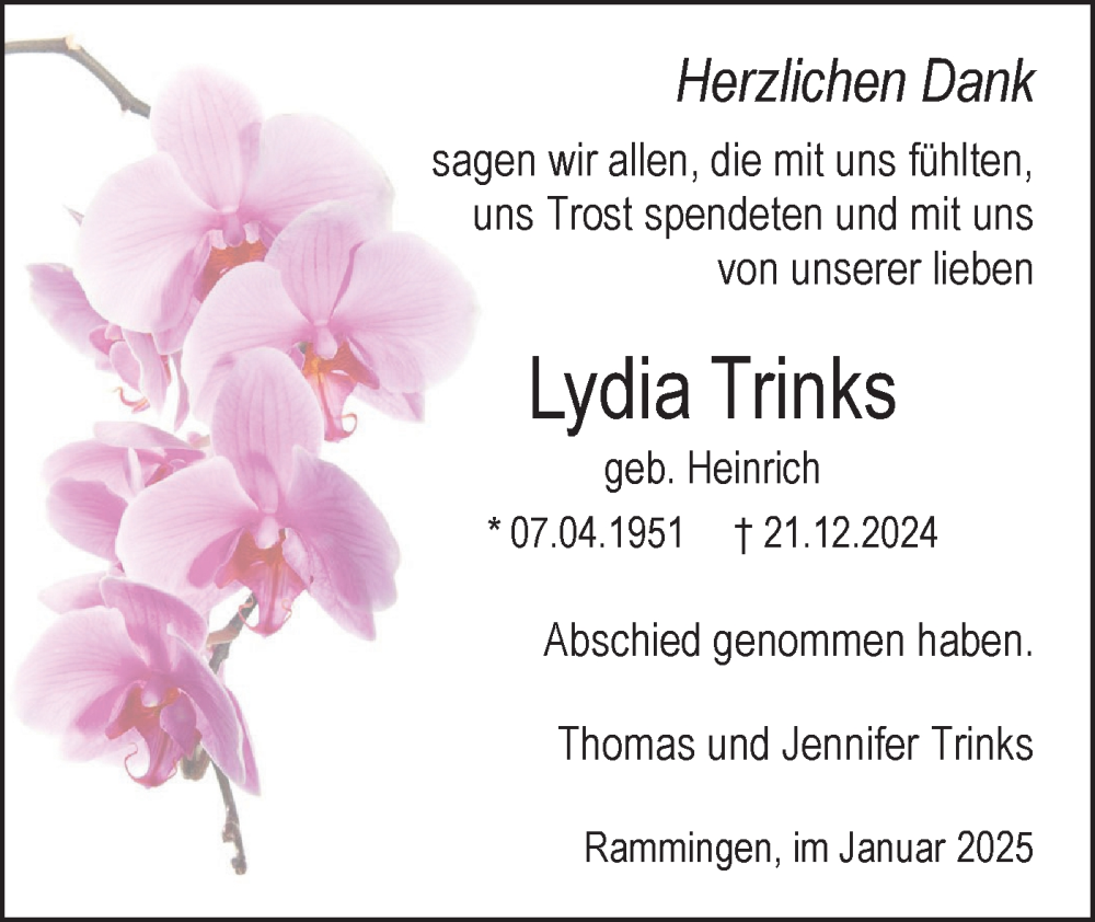  Traueranzeige für Lydia Trinks vom 11.01.2025 aus SÜDWEST PRESSE Ausgabe Ulm/Neu-Ulm