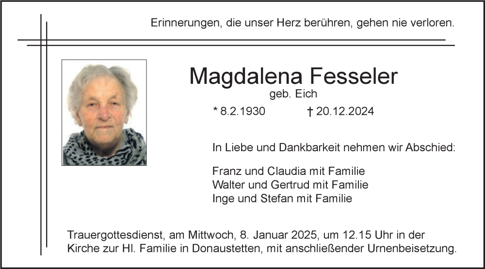  Traueranzeige für Magdalena Fesseler vom 04.01.2025 aus SÜDWEST PRESSE Ausgabe Ulm/Neu-Ulm