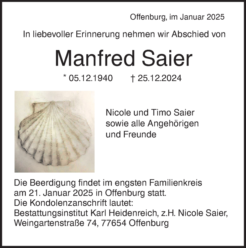  Traueranzeige für Manfred Saier vom 04.01.2025 aus SÜDWEST PRESSE Ausgabe Ulm/Neu-Ulm