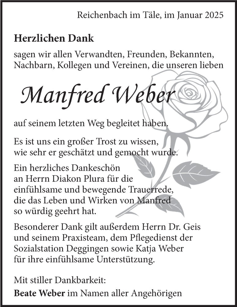  Traueranzeige für Manfred Weber vom 11.01.2025 aus Geislinger Zeitung
