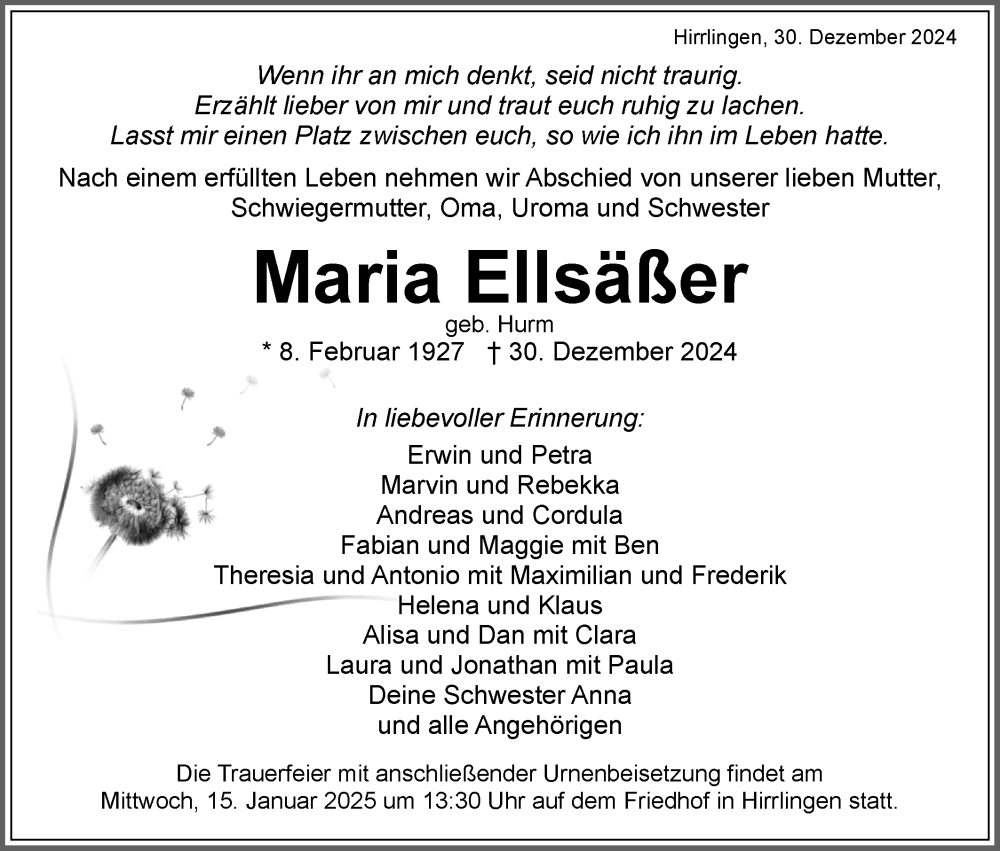  Traueranzeige für Maria Ellsäßer vom 10.01.2025 aus Schwäbische Tagblatt