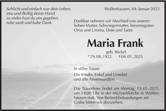 Traueranzeige von Maria Frank von Schwäbische Tagblatt