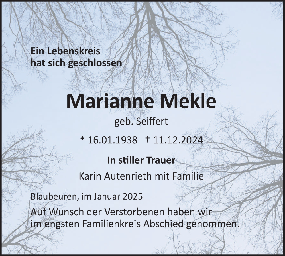  Traueranzeige für Marianne Mekle vom 10.01.2025 aus Das Blaumännle