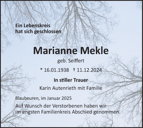 Traueranzeige von Marianne Mekle von Das Blaumännle