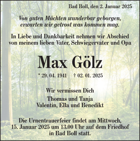 Traueranzeige von Max Gölz von NWZ Neue Württembergische Zeitung