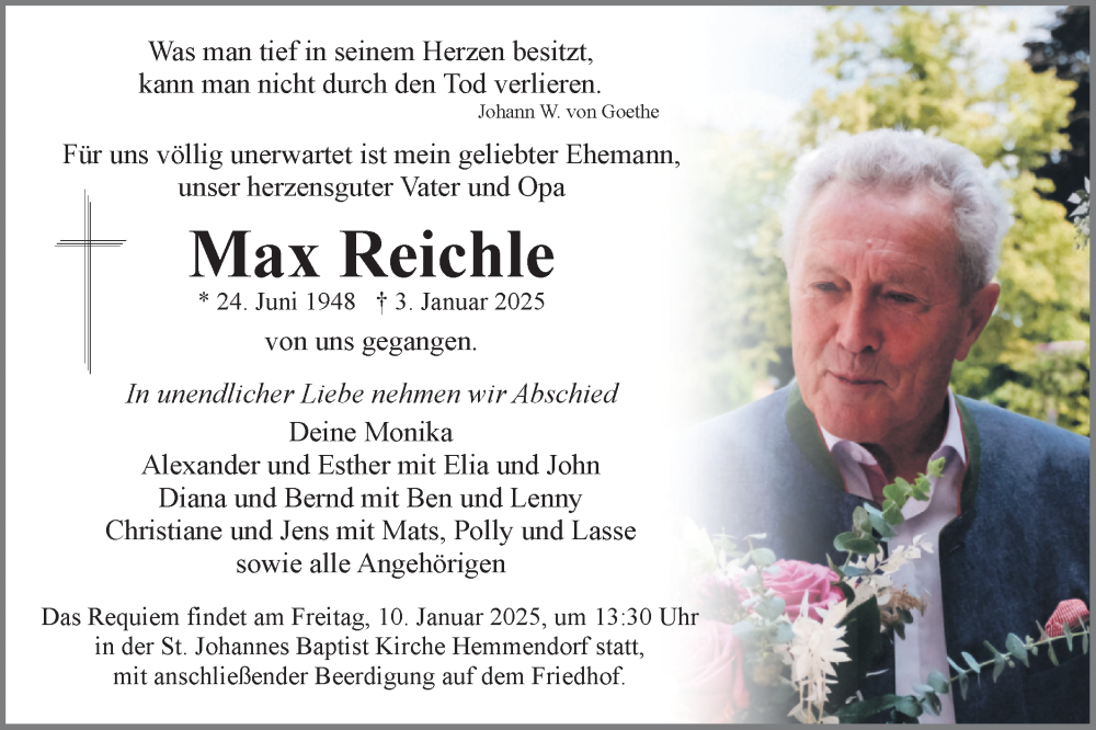  Traueranzeige für Max Reichle vom 08.01.2025 aus Schwäbische Tagblatt