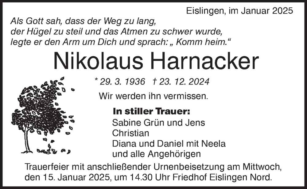  Traueranzeige für Nikolaus Harnacker vom 08.01.2025 aus NWZ Neue Württembergische Zeitung
