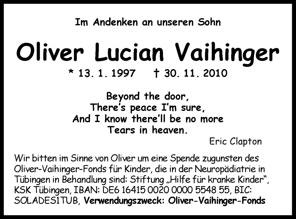  Traueranzeige für Oliver Lucian Vaihinger vom 13.01.2025 aus Schwäbische Tagblatt