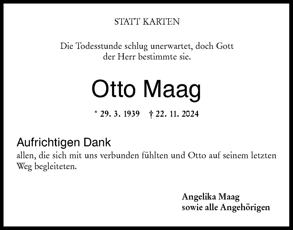  Traueranzeige für Otto Maag vom 11.01.2025 aus Hohenloher Tagblatt