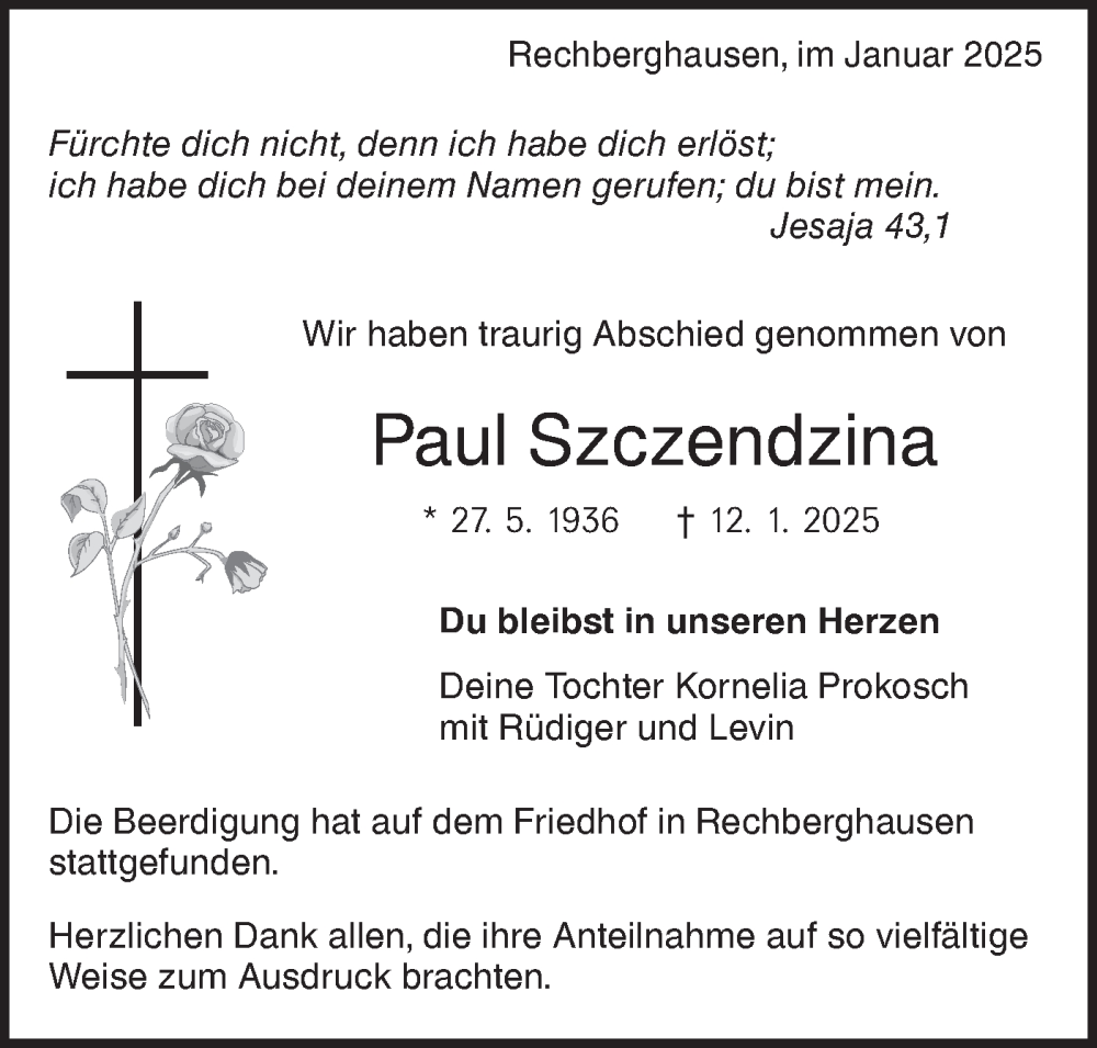  Traueranzeige für Paul Szczendzina vom 25.01.2025 aus NWZ Neue Württembergische Zeitung