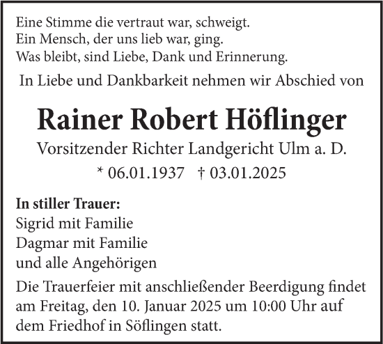 Traueranzeige von Rainer Robert Höflinger von SÜDWEST PRESSE Ausgabe Ulm/Neu-Ulm