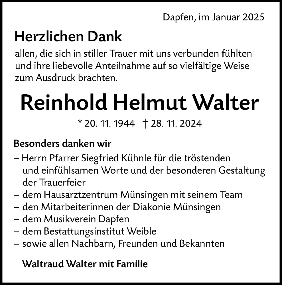  Traueranzeige für Reinhold Helmut Walter vom 10.01.2025 aus Alb-Bote/Metzinger-Uracher Volksblatt
