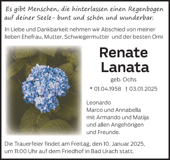 Traueranzeige von Renate Lanata von Alb-Bote/Metzinger-Uracher Volksblatt