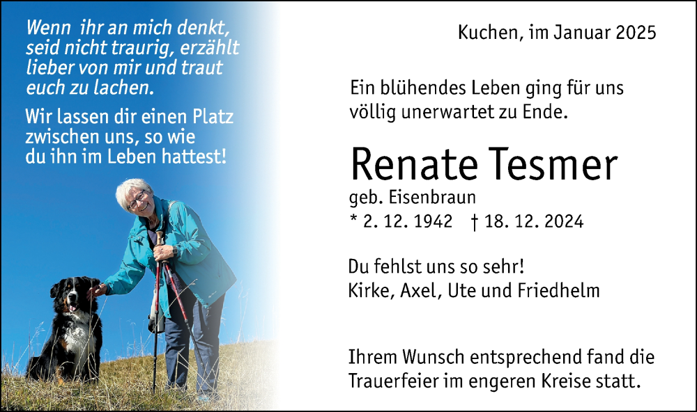  Traueranzeige für Renate Tesmer vom 04.01.2025 aus Geislinger Zeitung
