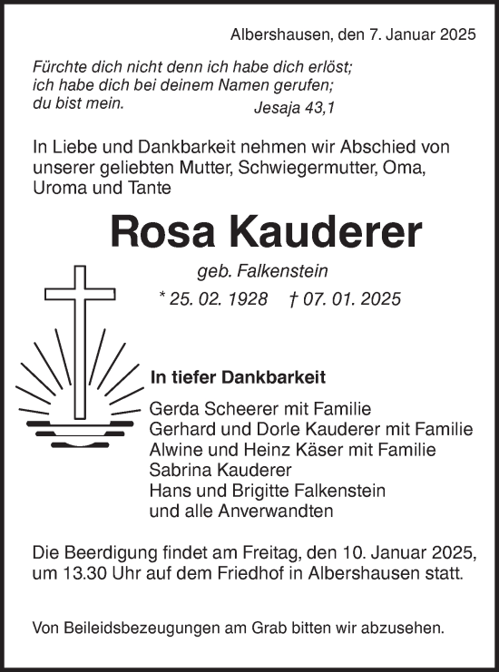 Traueranzeige von Rosa Kauderer von NWZ Neue Württembergische Zeitung