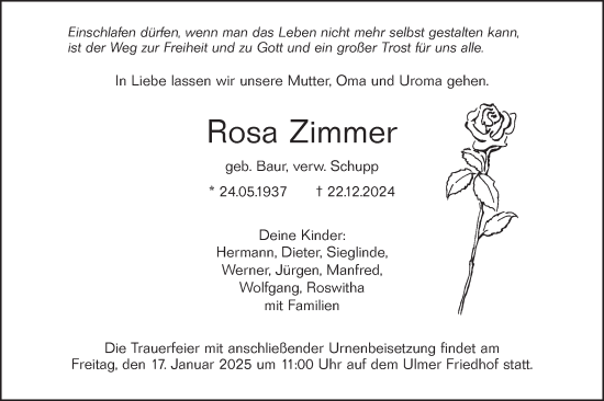 Traueranzeige von Rosa Zimmer von SÜDWEST PRESSE Ausgabe Ulm/Neu-Ulm