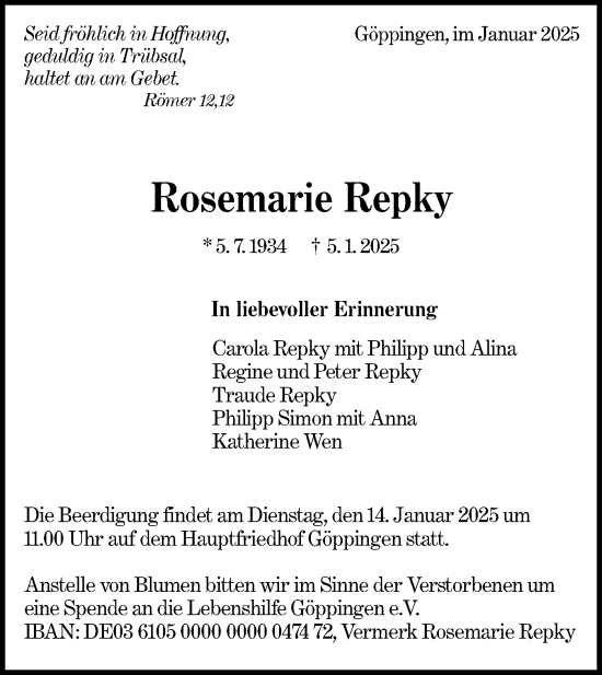 Traueranzeige von Rosemarie Repky von NWZ Neue Württembergische Zeitung