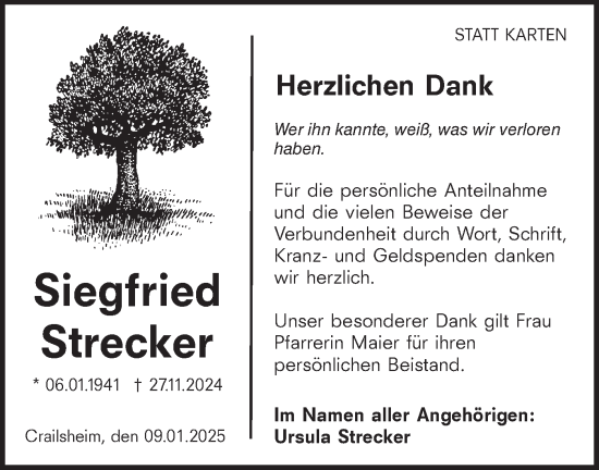 Traueranzeige von Siegfried Strecker von Hohenloher Tagblatt