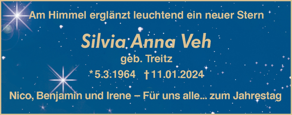  Traueranzeige für Silvia Anna Veh vom 11.01.2025 aus SÜDWEST PRESSE Ausgabe Ulm/Neu-Ulm