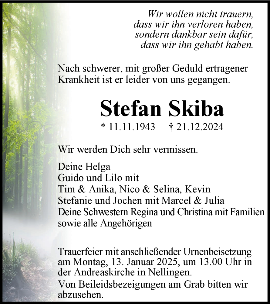  Traueranzeige für Stefan Skiba vom 08.01.2025 aus Geislinger Zeitung