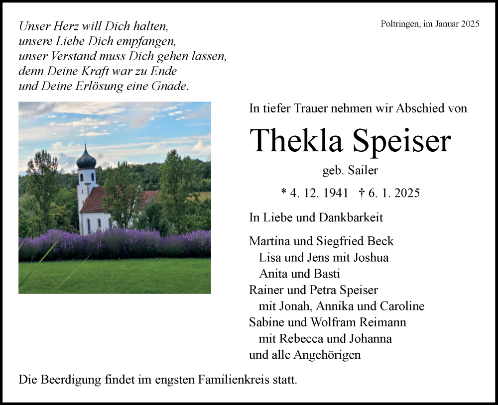  Traueranzeige für Thekla Speiser vom 09.01.2025 aus Schwäbische Tagblatt