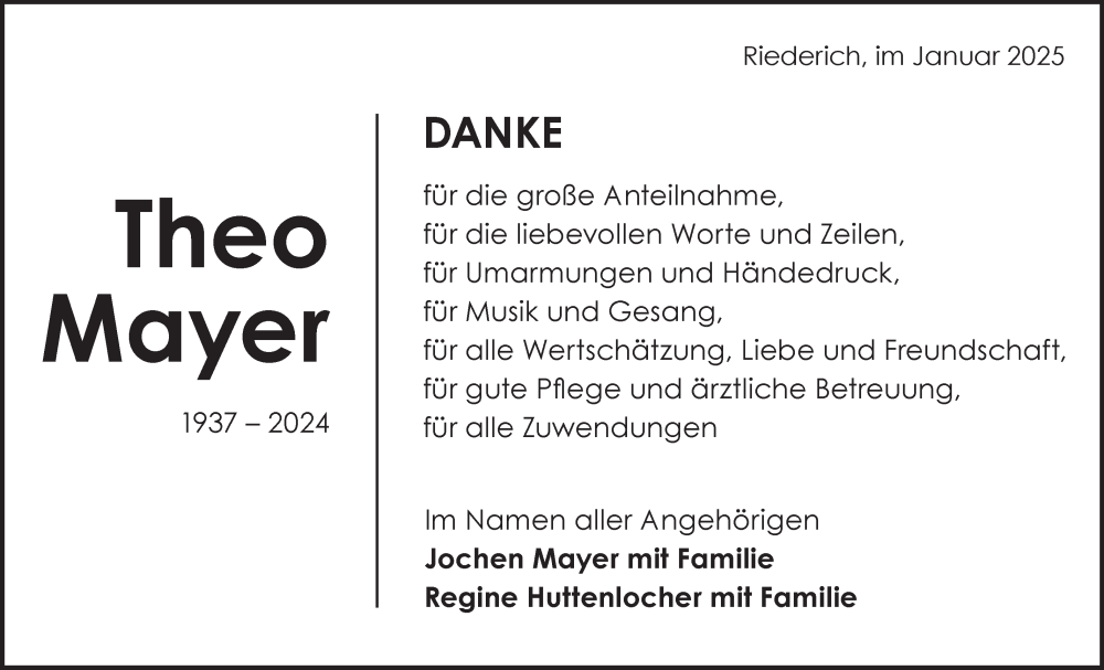  Traueranzeige für Theo Mayer vom 11.01.2025 aus Alb-Bote/Metzinger-Uracher Volksblatt