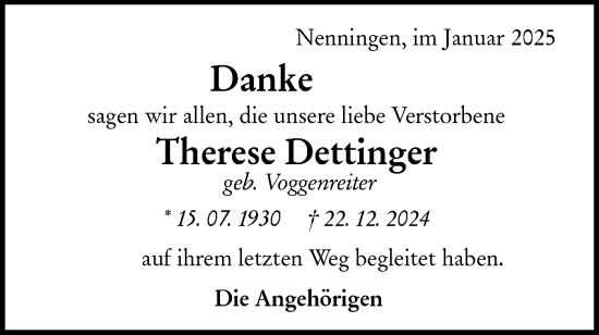 Traueranzeige von Therese Dettinger von NWZ Neue Württembergische Zeitung
